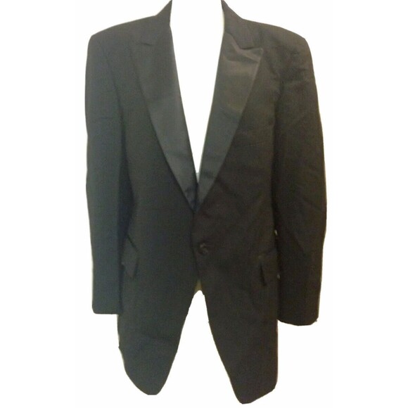 Vintage 90s TUXEDO Jacket Tux Black Wide Satin Peak‎ Lapel Men 44 R Made in USA - Picture 1 of 4